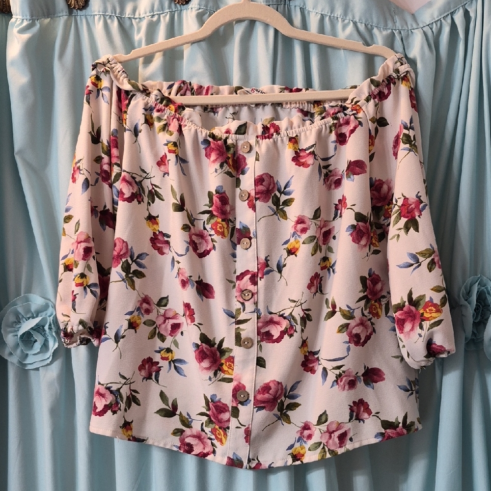 Fashion Magazine Los Angeles Floral Off-Shoulder Strappy Button Down Blouse Sz M